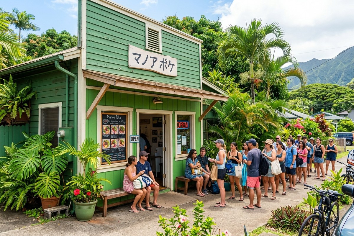 緑色のレトロな建物の看板と行列ができるショップの外観（オフ・ザ・フック・ポケマーケットのイメージ）