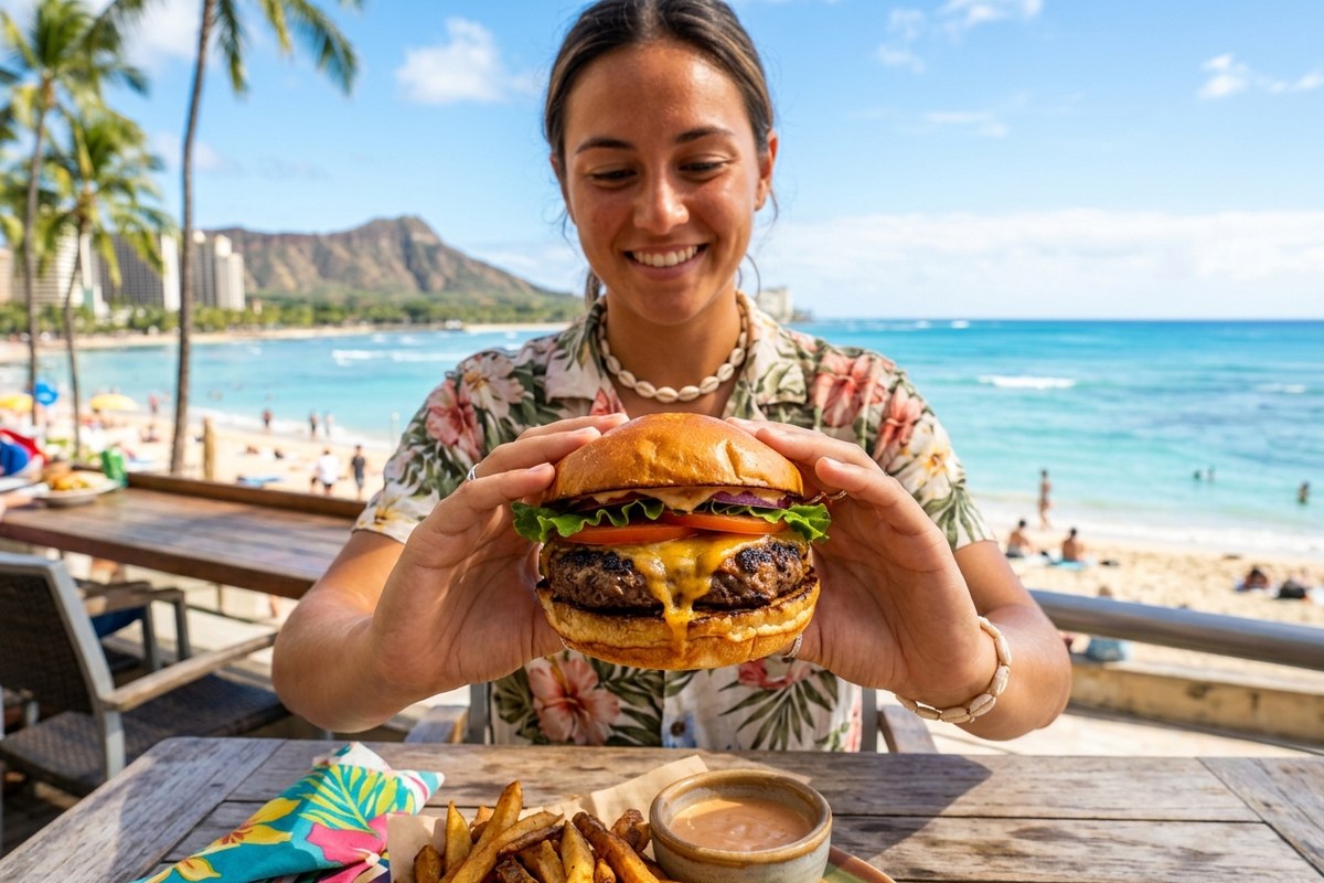 ハワイ島産ビーフの旨味が溢れる焼き立てのハンバーガー(マハロハバーガーのイメージ)