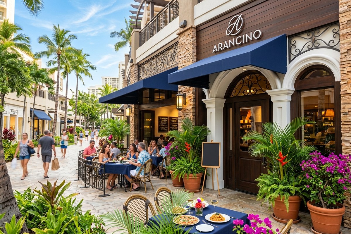 ワイキキ・ビーチ・ウォーク沿いにあるシックな店舗外観（タオルミーナ・シチリアンキュイジーヌのイメージ）