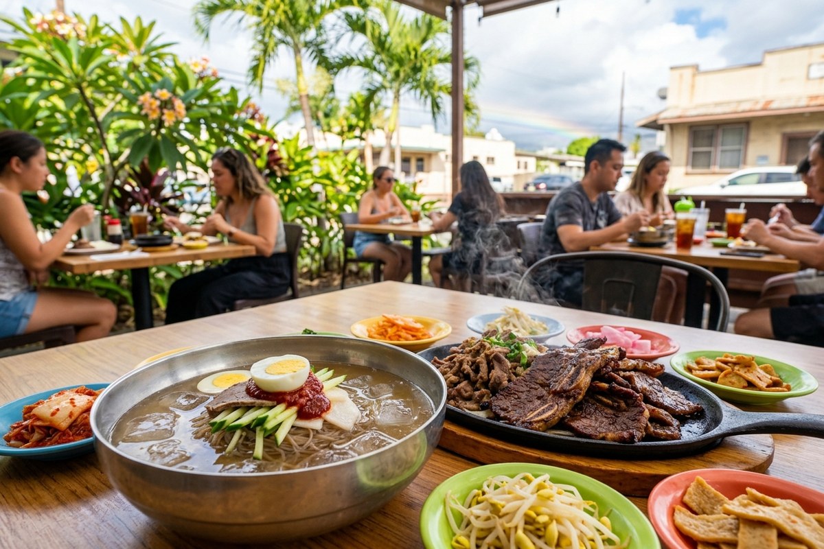 氷の浮かぶ涼しげなスープと韓国風冷麺（焼肉コリアハウスのイメージ）