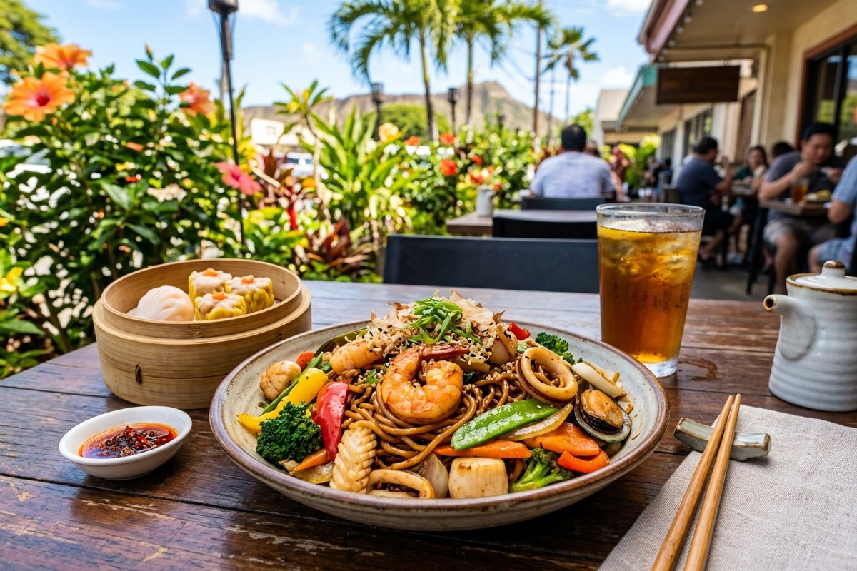 海鮮と野菜がたっぷり入った香ばしい海鮮焼きそば（フックユエン・シーフードレストランのイメージ）