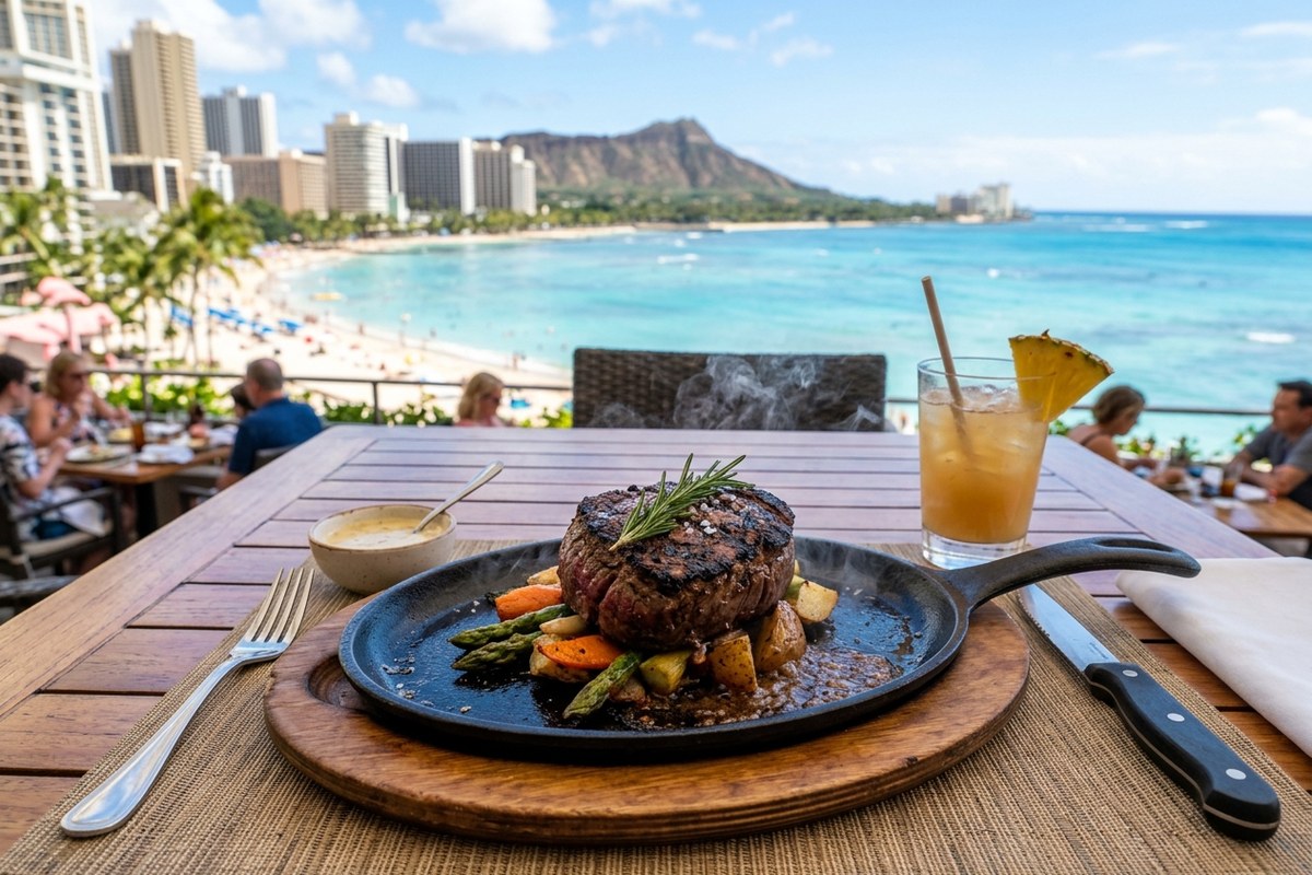 約500度に熱せられた皿で提供されるフィレ肉（ルースズ・クリス・ステーキハウスのイメージ）