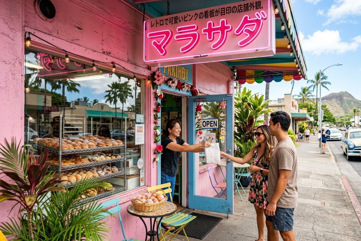 レトロで可愛いピンクの看板が目印の店舗外観（レナーズ・ベーカリーのイメージ）