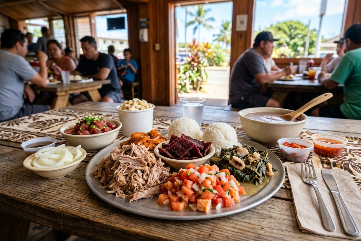 ヘレナズの看板メニューが並ぶボリューム満点のセット料理（ヘレナズ・ハワイアン・フードのイメージ）