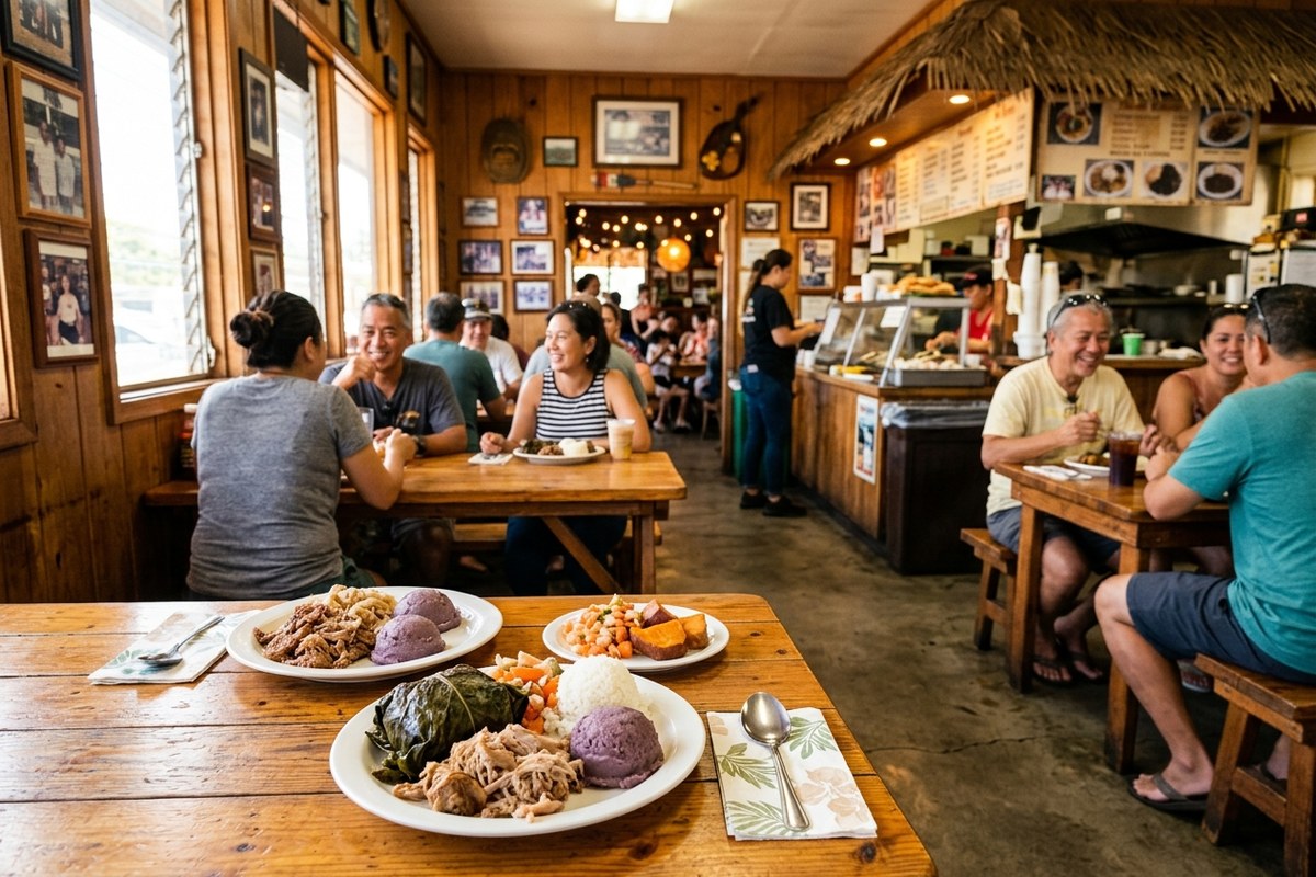 レトロで温かみのあるヘレナズ・ハワイアン・フードの店内（ヘレナズ・ハワイアン・フードのイメージ）